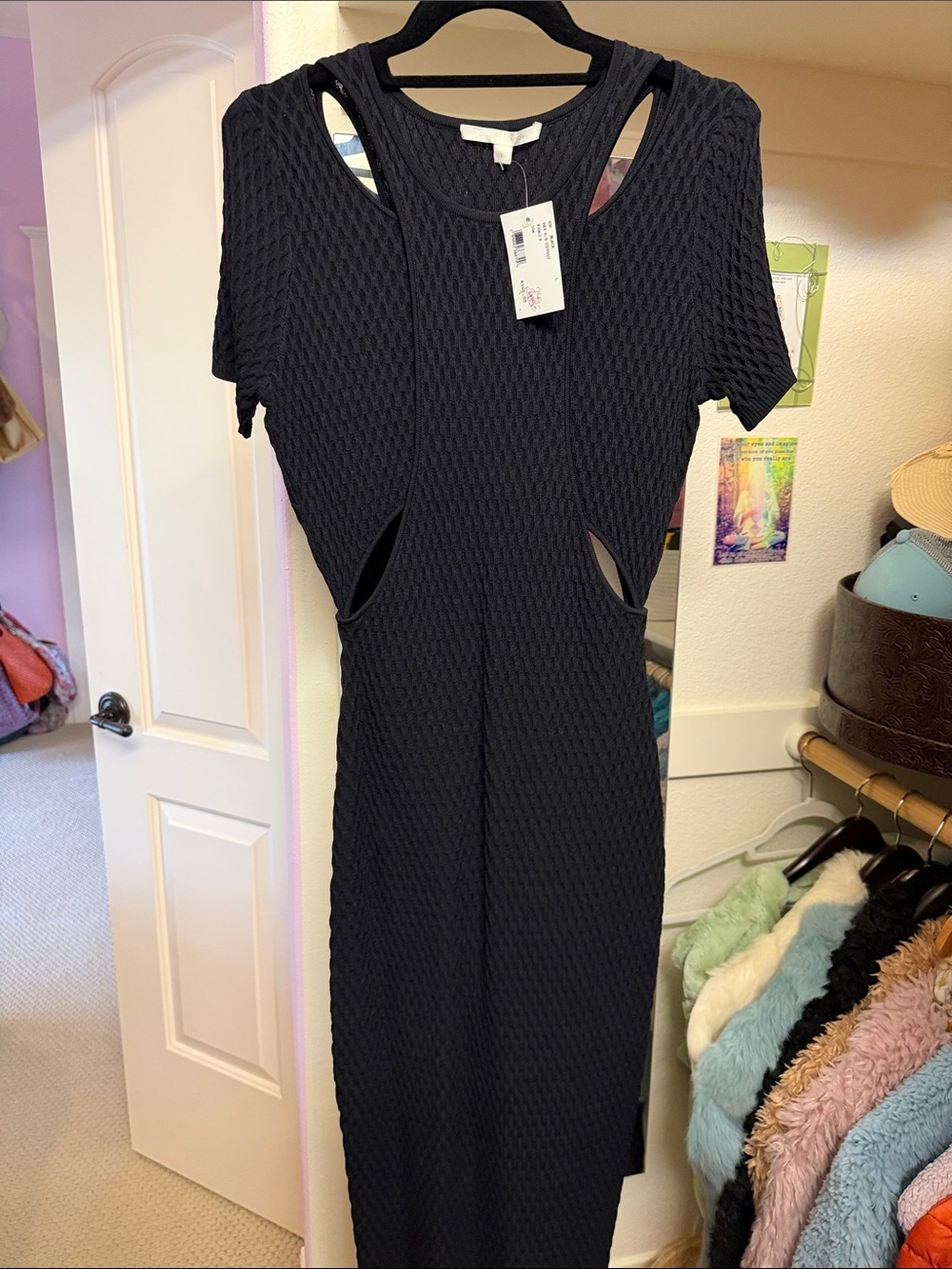 Jonathan Simkhai Black Textured Cutout Midi Dress with Short Sleeves